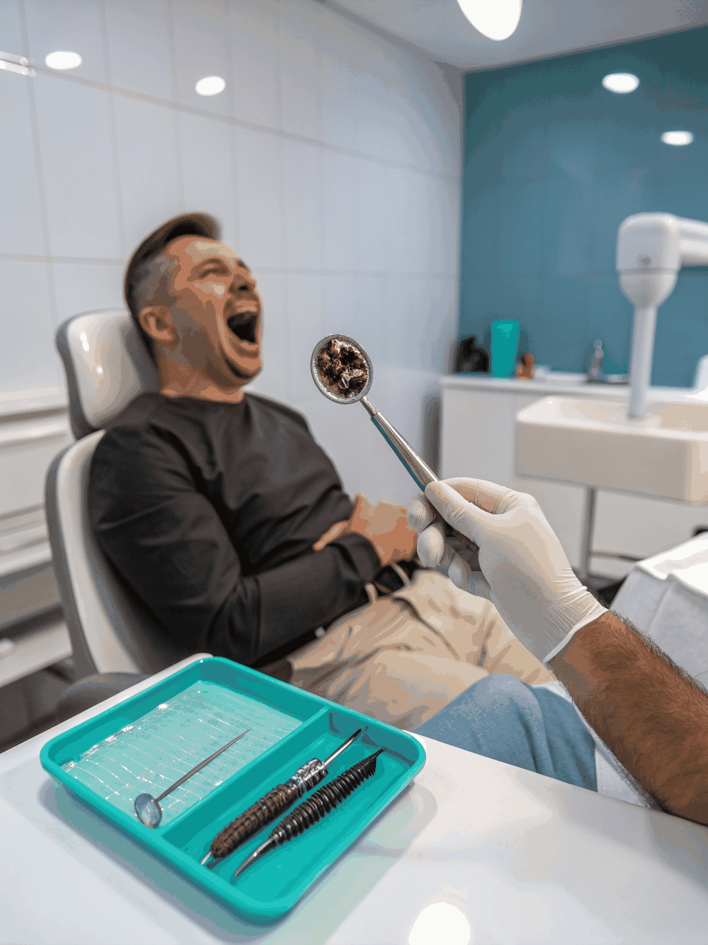 Paziente italiano in consultazione presso una moderna clinica odontoiatrica a Tirana